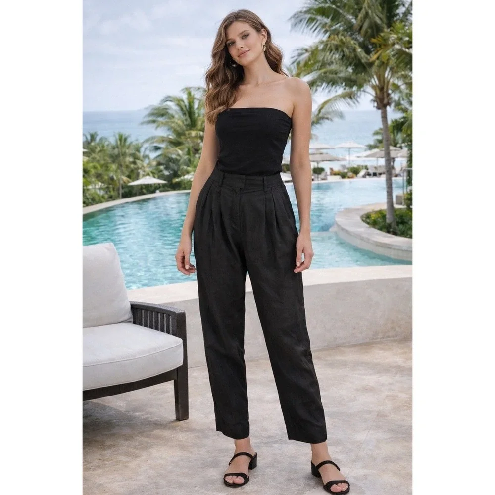 HM Black Linen Blend High Waisted Pleated Tapered‎ Trousers Pants Womens Size 4